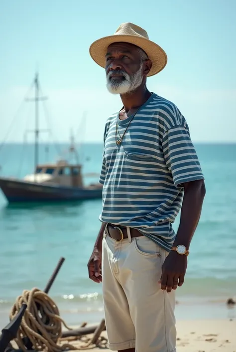 a black man with his back , poor,  wearing simple old fishermans clothes,  a blue and white striped t-shirt ,  white pants and a straw hat ,   with open arms, looking at a fishing boat from a distance in the ocean.  An anchor and ship ropes are visible in ...