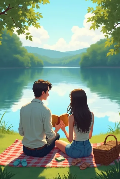 Two lovers sitting around the lake and reading a book