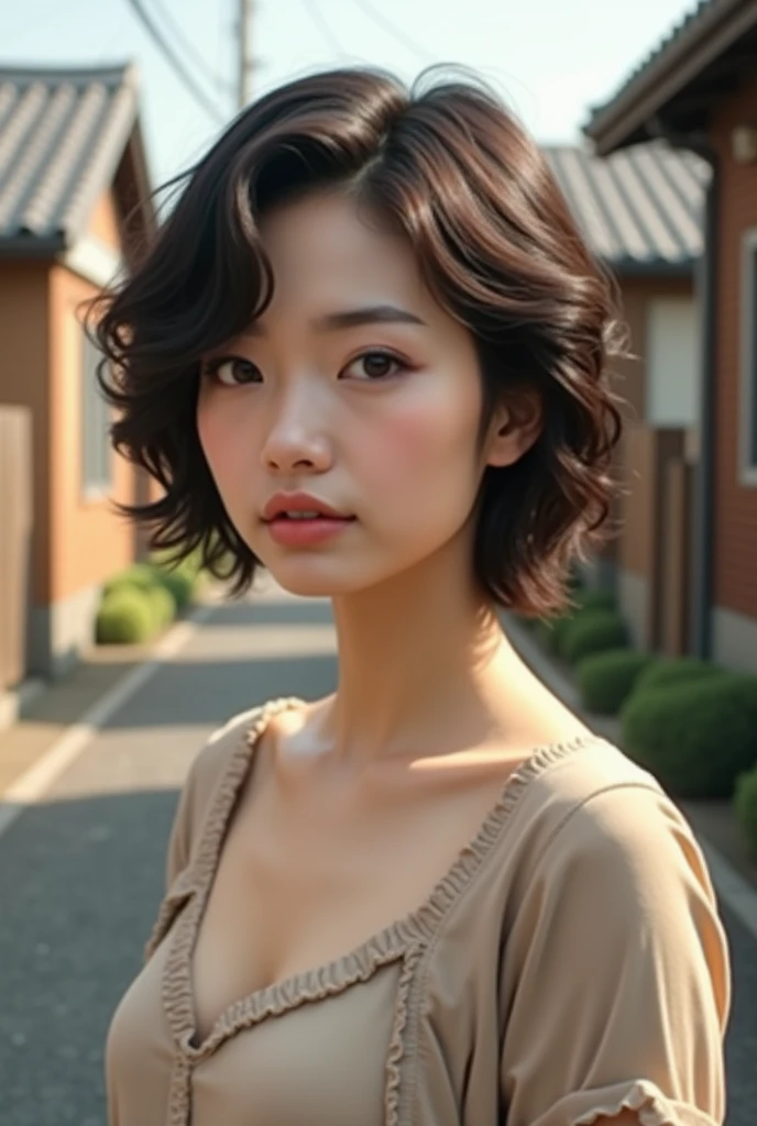 
( masterpiece fails),  top quality ,  expressive eyes ,  perfect face,  Adult girl, Houses, pixie haircut,  wavy brown hair   , dressed in a beige , Full figure,  Exquisite Facial Features,  realistic image quality, Asian woman in her 20s , Surrealism， ul...