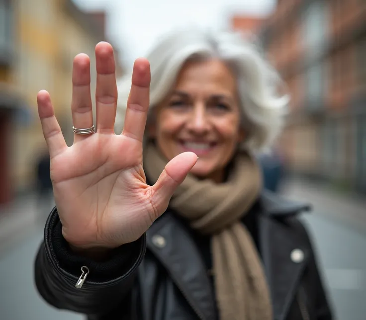 50-year-old woman making the stop sign with her hand 