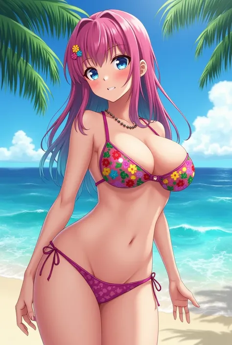 An anime-style girl with big boobs in a bikini