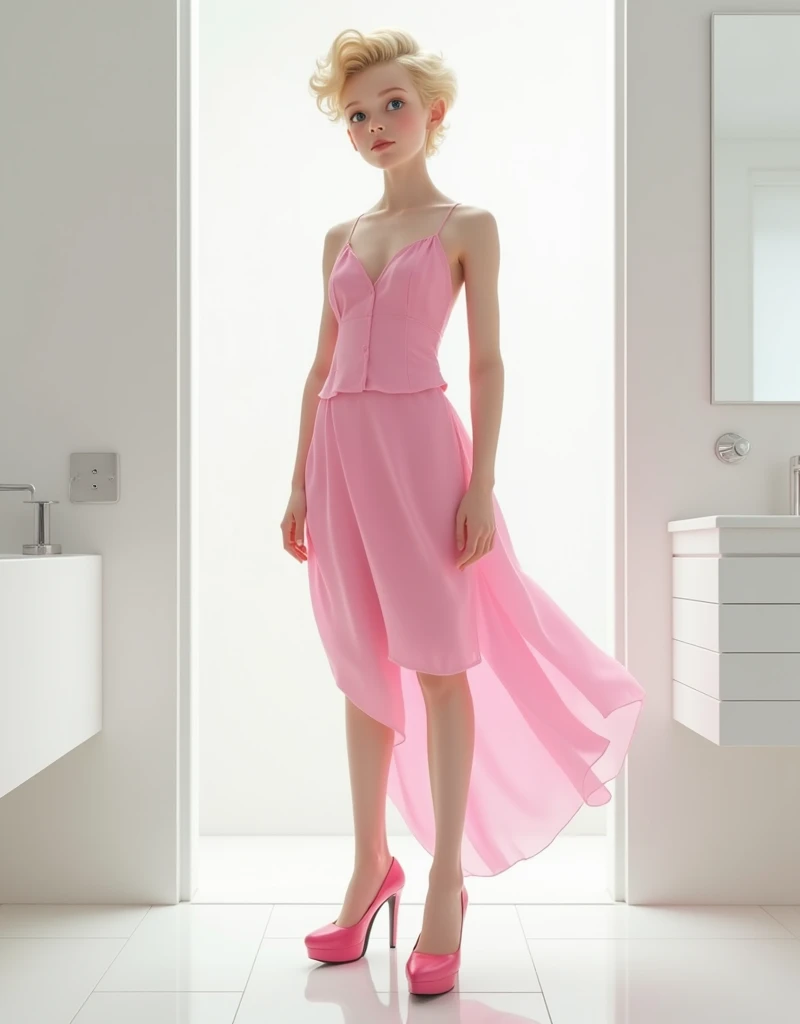 young boy, Lovyan appearance , blond hair
Sleek white , with high heels with a pink platform
Young Guy in the Bathroom
Young guy wearing womens clothes pink dress