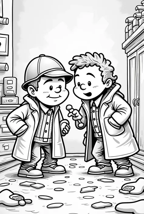 A coloring page for 2  detectives Morten and Max with the title. The missing toy 