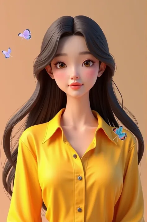 Wanita Korea pakai kemeja kuning rambutnya panjang. Di bahunya ada tato kupu-kupu. dan ada tulisan " akak chi" 3D animasi 