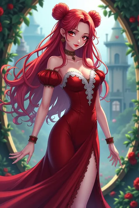 Make the daughter of the queen of hearts , Anime style that can be seen in full body,  wearing a long dress with a slit in the leg