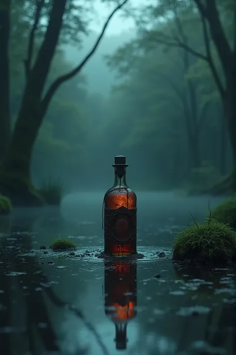 Generate an image of a poison bottle dripping over the waters of a shady lake