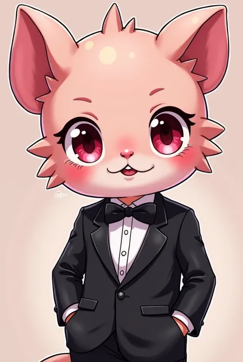 masterpiece, anime style, chibi, illustrated logo, medium close-up, emote for twitch of axolotl boy, pink skin with black gala suit 
