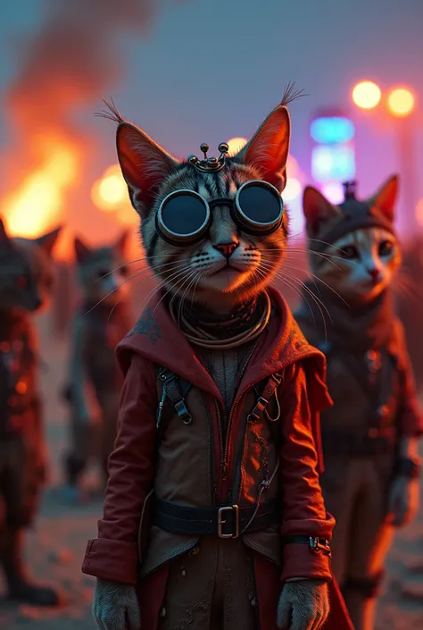 a large group of cats wearing unusual costumes and clothing at the burning man festival, in the style of mad max, nighttime party scene, highly detailed, photorealistic, 8k, intricate details, cinematic lighting, vibrant colors