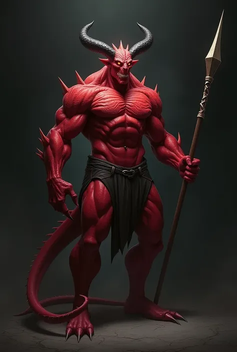 An adult boy having red body and tail with black horns, wearing only a trouser, holding a plane spear, in a dark background. With red glowing eyes and muscular. More realistic.