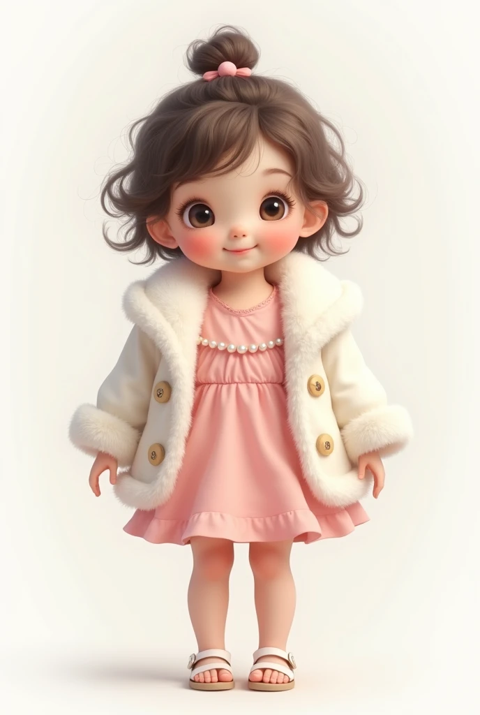  Create a  from 1 to   ,  with little hair by Maria Chiquinha , with a very cute pink delicate dress with pearls on the dress, with closed white sandal  ,  fur coat with white background
