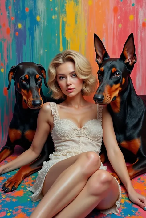  On a background full of paint sprinkled with many colors an image containing a woman with blond hair,  short stature, On their backs with two chocolate-colored Elizabethan Dobermans the two dogs with droopy ears