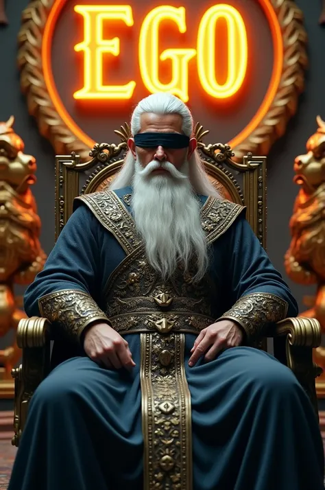 A model man wearing a dragon warrior outfit, his hair and beard white, straight and crown, sitting on an iron throne chair from Game of Thrones, looking directly, blindfolded. The background features the word EGO in a large gold neon font and a golden lion...