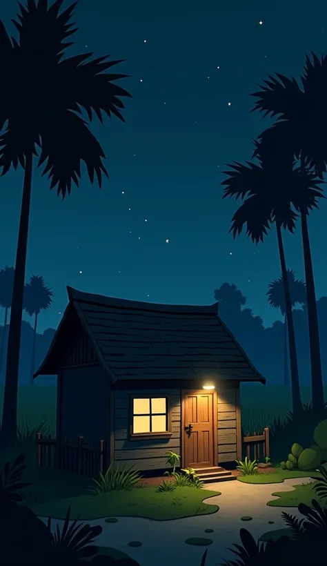 A 3D cartoon-style scene of the outside of Pak Rahmat’s house at night. The house is modest, made of simple wood with a thatched roof, and the faint glow of a small light comes from the window. The surrounding environment is quiet and serene, with the sky ...