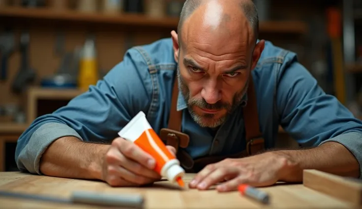 A bald carpenter intensely focused on constructing a medium-sized project, holding a tube of glue prominently in one hand. The glue tube and the carpenters face are equally emphasized, captured from a dynamic, intriguing angle that shows determination and ...