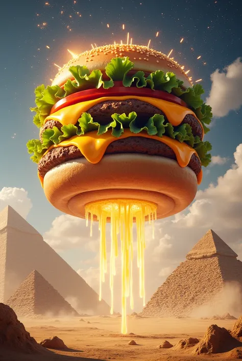 "Imagine a crazy burger flying over the pyramids, with every ingredient bursting into flavor explosions in mid-air! 🍔🔥 Melted cheese shining like sunlight, lettuce swaying like feathers in the breeze, and sauce cascading like waterfalls from the sky! This ...