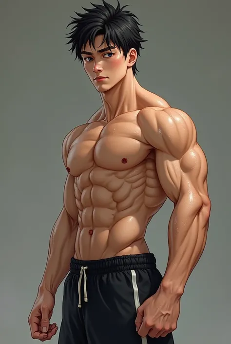 High quality, detailed, japanese, boy, shota, sporty and muscular, flexing sixpack, totally sweaty, realistic, lean a sexy girl