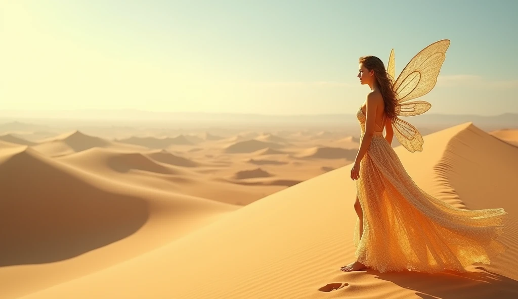 "A graceful fairy with delicate, translucent wings and a flowing, shimmering dress glimmering in the sunlight, walking gracefully toward the viewer. The vast desert surrounds her, with golden sand dunes stretching endlessly, the sunlight casting soft shado...