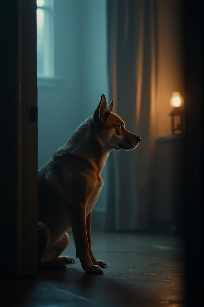  A medium-sized dog in a slightly dark room , staring intently into an empty corner ,  with a mysterious environment and a faint beam of light that illuminates the dog,  super realistic .