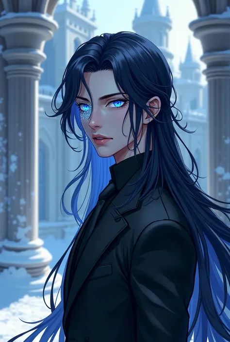 man, with long, flowing blue black hair and white, and blue eyes in the right eye shaped like ice flakes, wearing a good-looking suit, with a cold, handsome and beautiful face. The background is a winter castle. It is a semi-realistic anime, fantasy. Fairy...