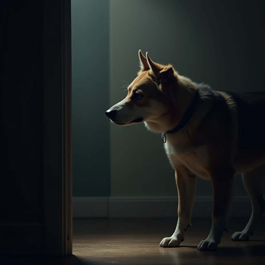  A medium-sized dog in a slightly dark room , staring intently into an empty corner ,  with a mysterious environment and a faint beam of light that illuminates the dog,  super realistic .