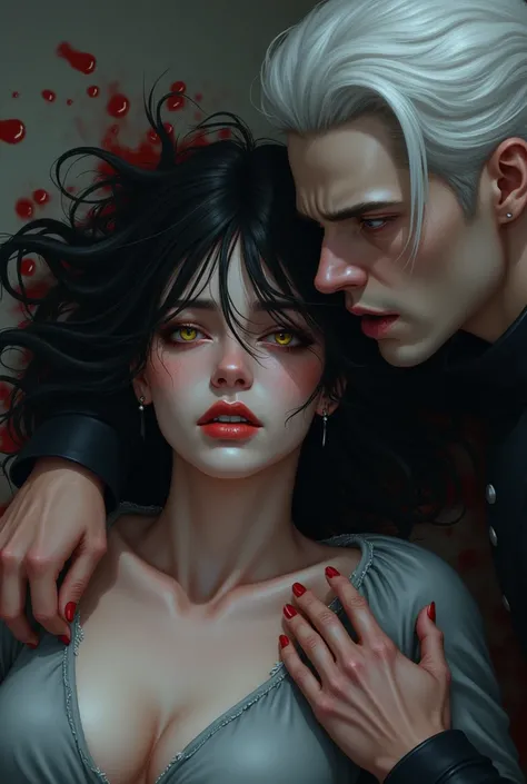 Create a woman with black hair and golden eyes lying on the floor with blood and next to her holding a man with white hair and gray eyes with a distressed look,  realistic style 