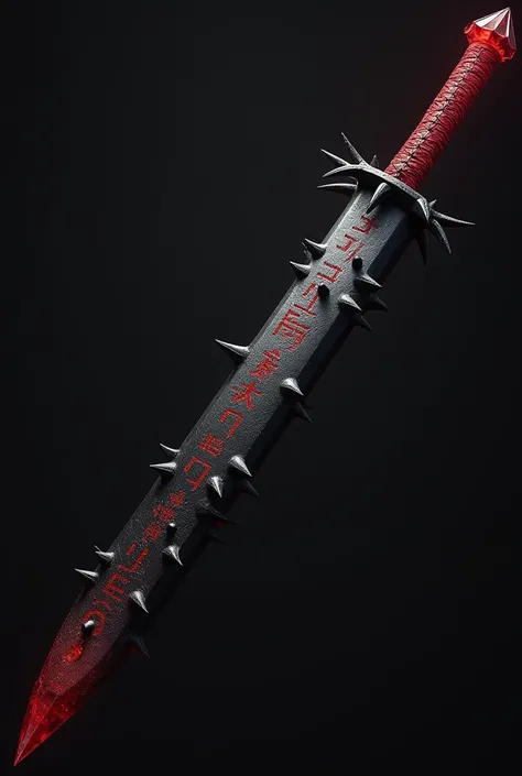 A black katana, handle - 70 cm long, blade - 175 cm, has dark spikes all over it, tip is red from blood, and has ancient symbols written on the blade with blood, has red crystals on the handle and spikes at the end of the handle. ((type - katana))
