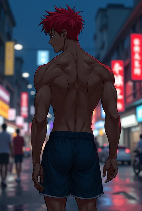 Black man, red hair, defined and athletic body, shirtless, walking on the streets of Thailand at night. Handsome and shy face, light features.
Anime character, features similar to the anime baki hanma, lightness in the features. Hes wearing soccer shorts, ...