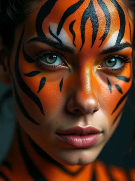 a high-quality, photorealistic image of a close-up portrait of a breathtakingly beautiful woman with flawless, glowing skin. The woman should have a stunning, creative makeup design that makes her face resemble a majestic tiger, with bold stripes of orange...