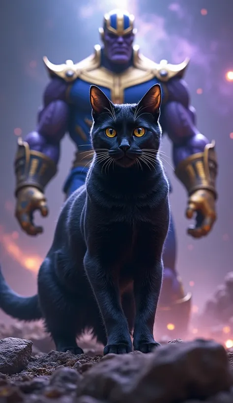 Black Cat enfrentando a Thanos, ultra professional and realistic images 