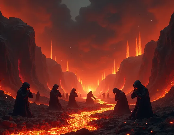 " A terrifying representation of Geena ,  hell described as a place of weeping and gnashing of teeth .  The setting is a dark and flamboyant valley ,  filled with rugged cliffs and caves that emit red and orange lights .  Intense flames consume the ground ...