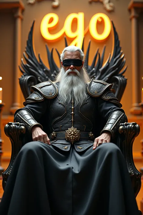 A model man wearing a dragon warrior suit, his hair and beard white, straight and crown, sitting on an iron throne chair from Game of Thrones, looking directly, blindfolded. The background features the word EGO in a large gold neon font and a golden lion o...