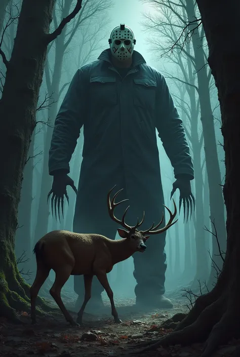 Freddy Kruger killing a deer in a forest with Jason Voorghes