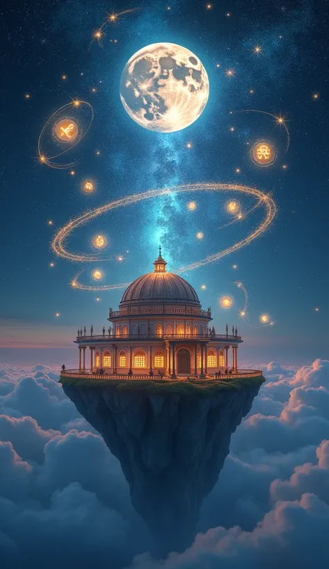 A magical zodiac observatory perched on a floating island in the sky. Each sign is projected into the air as a glowing hologram, surrounded by vibrant orbs of starlight and swirling golden rings. The entire scene is illuminated by a majestic full moon and ...