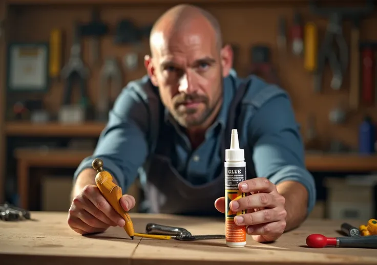 A bald carpenter in a workshop environment, holding a tube of glue that is prominently in focus and highlighted as the central subject. The carpenters hands and the glue tube are sharp, while the rest of the scene, the tools in the background, are slightly...