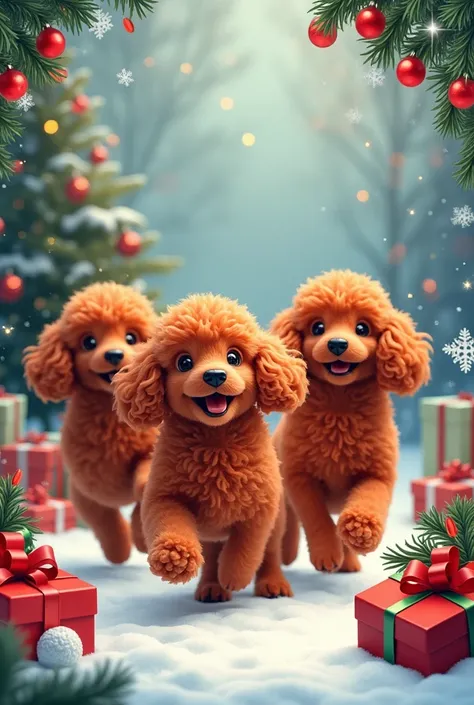 Three red poodles , white,  redhead girl puppy christmas card