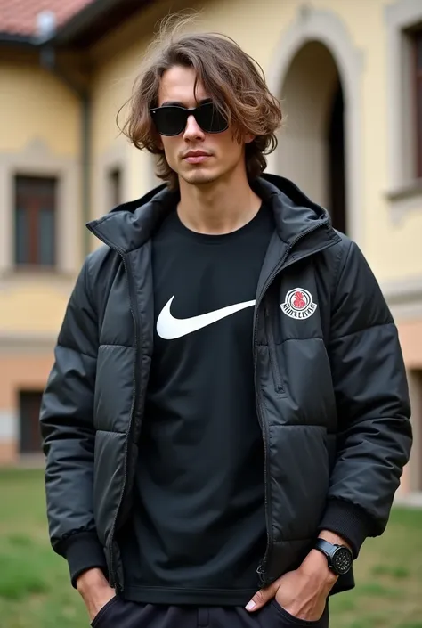 a 20 year old boy with long hair in the face with, sunglasses, wearing nike and moncler, with a watch on his wrist a real photo jn front of a romania build, (full body)