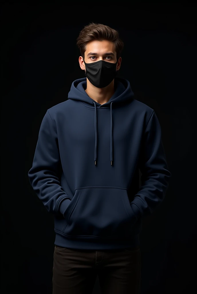 A handsome american boy wearing a blue hoody  standing with a pose and the background is black . He wears a black mask 