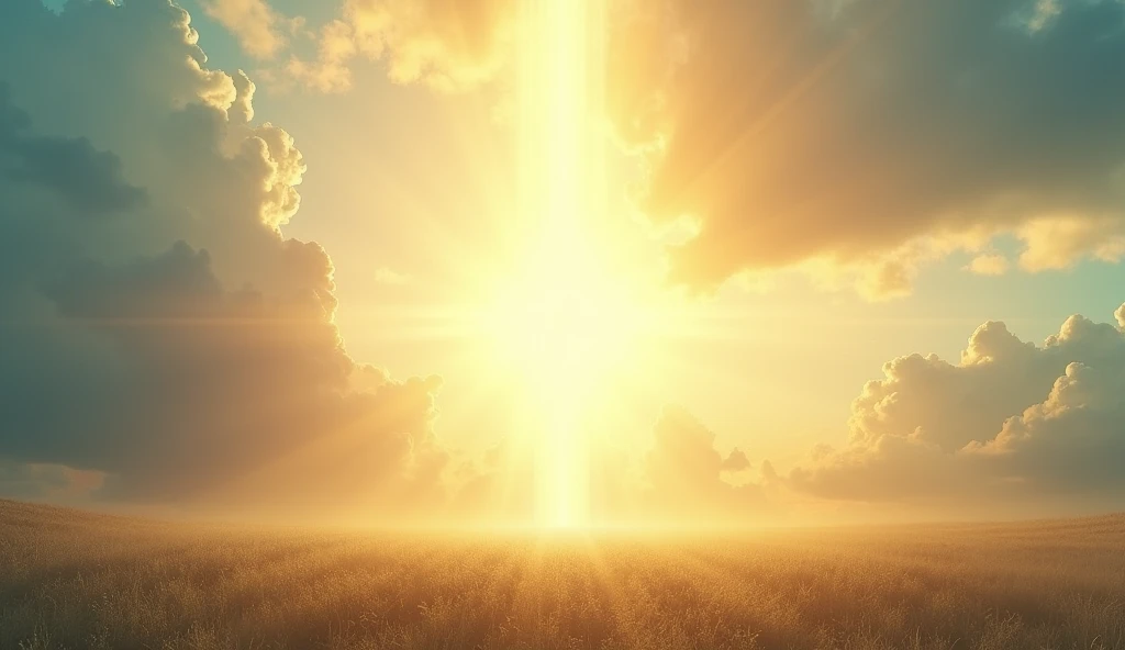  A heavenly landscape with radiant light : A bright sky ,  with golden rays of light and a sense of peace ,  as if the divine presence were guiding the way.