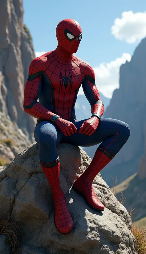   sitting on a rock, dressed as spiderman