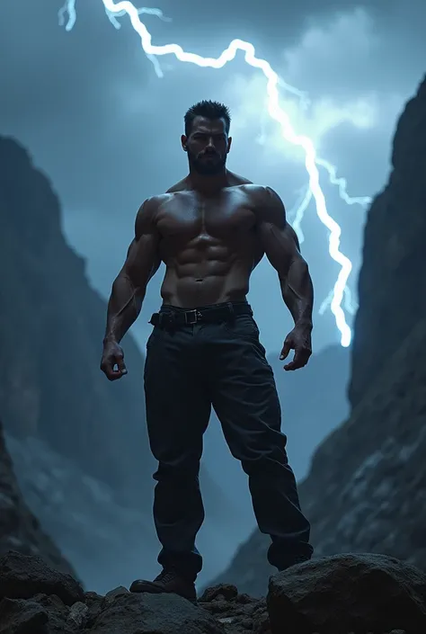 Imagine a man with abs in mountain lightning background