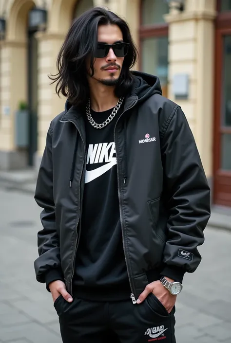 a 20 year old boy with long hair in the face with, sunglasses, wearing nike and moncler, with a watch on his wrist a real photo jn front of a romania build, (full body) guy with black hair in the eyes and chain, longer hair full body (legs too) distant pho...