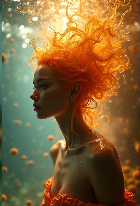  photoshoot style ,  Fantastic gold and black beams , shades of gold, orange and pastel, transmit softness, ( extremely detailed CG unity 8k wallpaper),  chaotic storm of intricate liquid smoke on the head, stylized beauty full body abstract portrait, wet ...