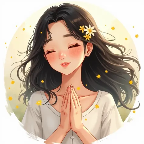 painting and watercolor style a brunette girl with black hair and small flowers in her hair, thanking God, very happy, portrayed in a simple and rounded way