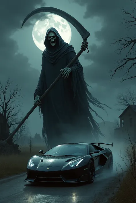 Make a reaper on your back with your sickle chasing a black sports car on a gloomy night.  I want a very wide perspective, with the two small figures 