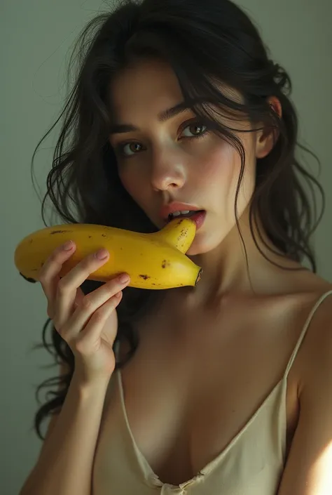 Create an image of a girl sucking a banana shaped like a male player
