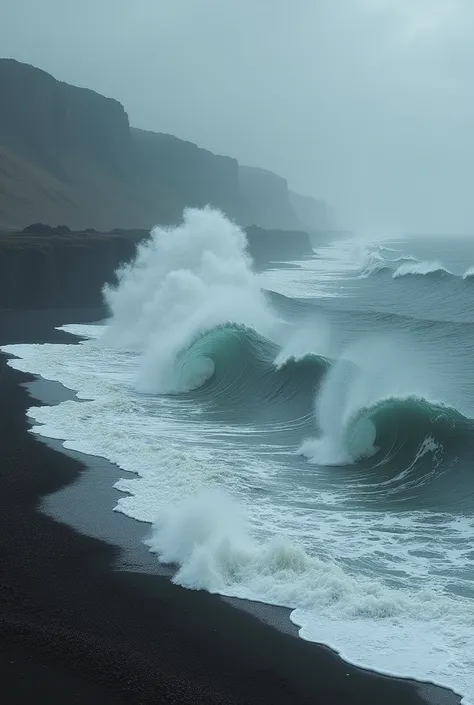 Black ocean waves crashing violently on a gray shore