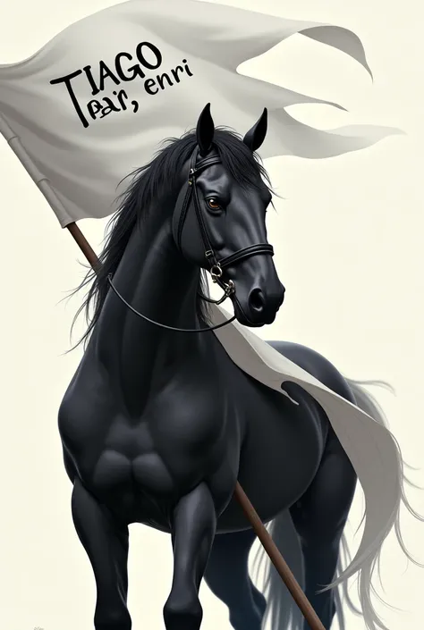 Face of a black horse , ( HOLDING A flags bat )  with HIS MOUTH , ( the flag is above his head ) .  The flag is completely white and the name is written on it with black letters: (TIAGO ENRI )
He has a serious face . 