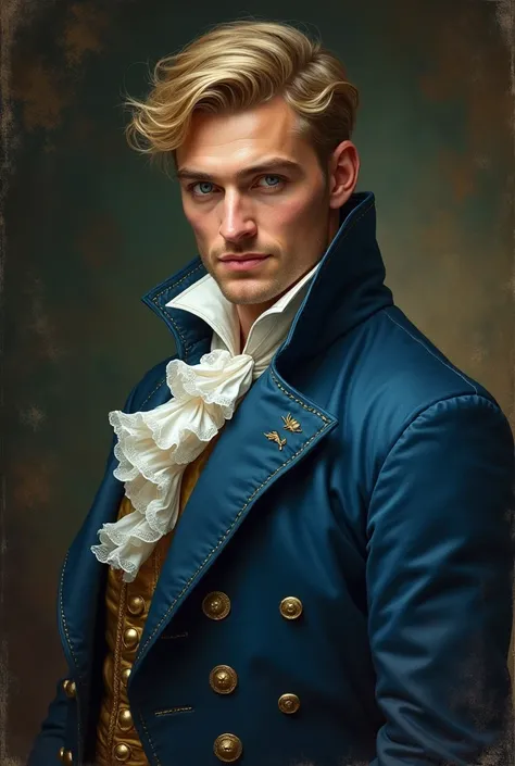 Drawn Portrait of a charming and handsome man, short Blond Hair, Alexander Ludwig, clear blue eyes, blue victorian captains frock, tricone hat, Sailor tattoos, Smiling, regency era, vintage fantasy Portrait art