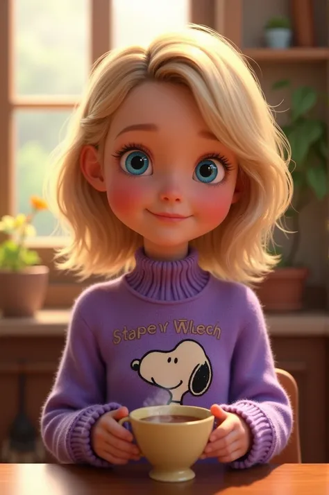 Generate a girl around  with medium length blonde hair, blue eyes, a purple Snoopy sweater that holds a cup of tea in her hand in Pixar style 