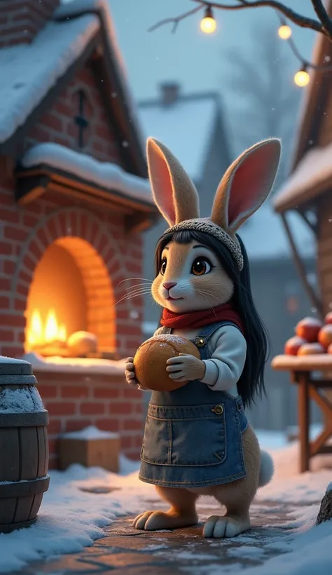 (("A charming winter evening scene in a snowy village featuring an anthropomorphic rabbit dressed in a denim apron and headband. The rabbit stands on a cobblestone pathway, holding a ball of dough in its hands, with a brick oven glowing warmly in the backg...